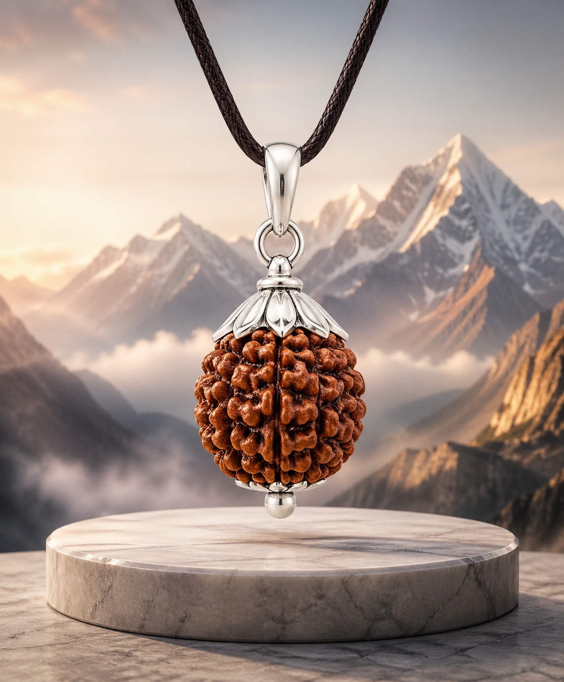 Rudraksha pendant against Himalayan mountains
